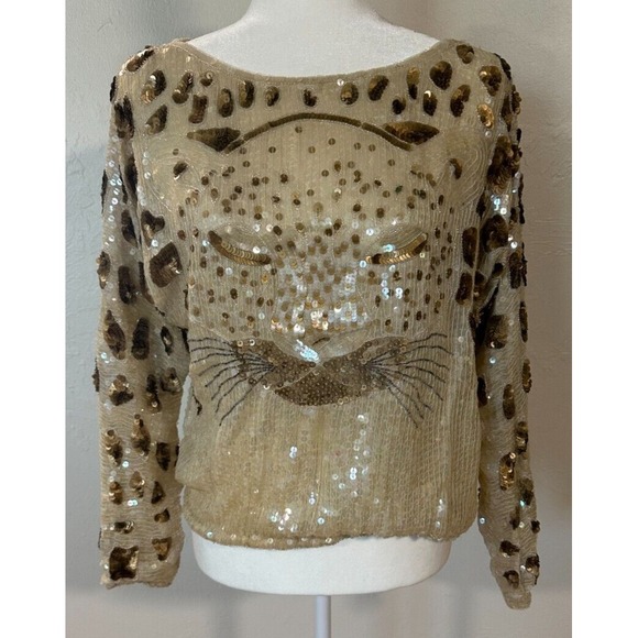 Rare Vintage Batwing Sequin Tiger Leopard Face Formal Dress Top Silk Blouse Sz M - Picture 1 of 9